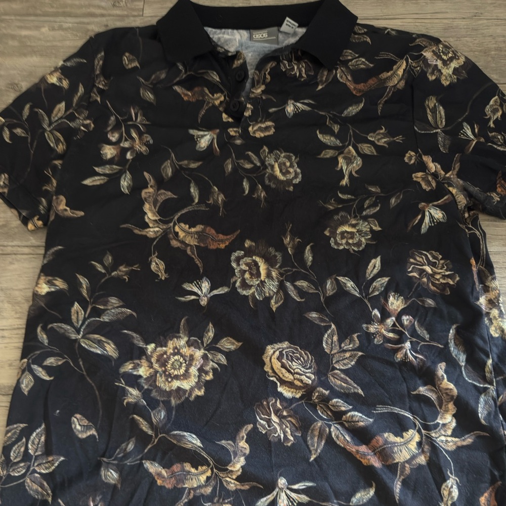 ASOS Black and Brown Polo Shirt with Floral Design